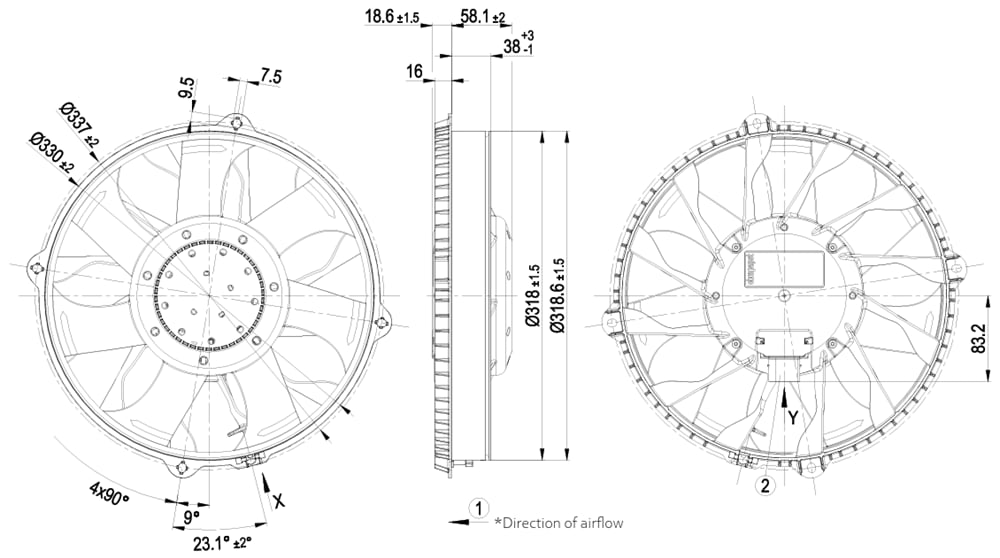 Mechanical Drawing - ebm-papst W3G300 Series Guide Vane EC Axial Fan